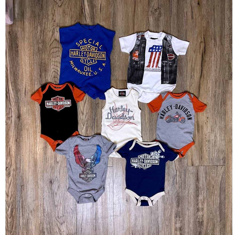 Harley Davidson Baby Bodysuit Lot 7pc 0-3M/3-6M Biker Onesie Bundle Graphic Logo